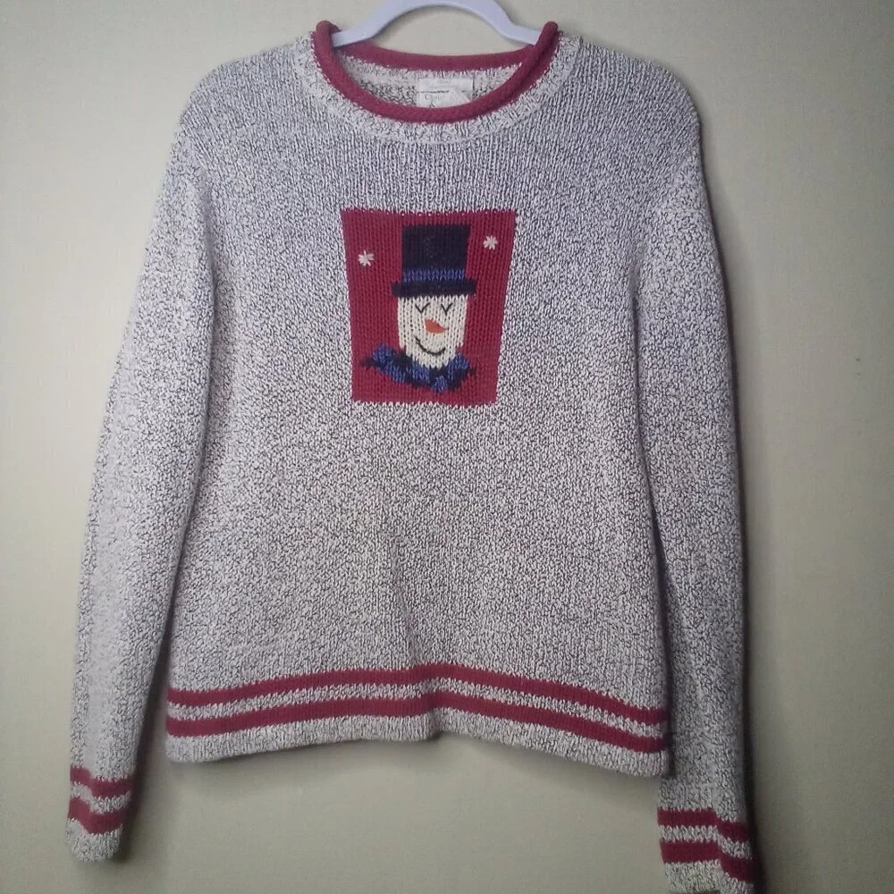 Christopher Banks Sweater S Christmas Holiday Snowman Long Sleeve Hand Embroider